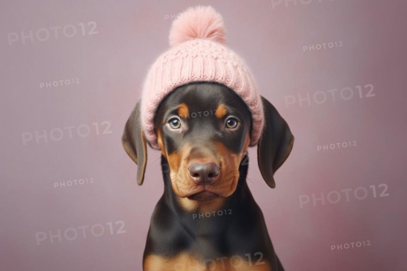 Portrait of cute dog with pink knitted winter hat. KI generiert, generiert KI generiert, generiert AI generated