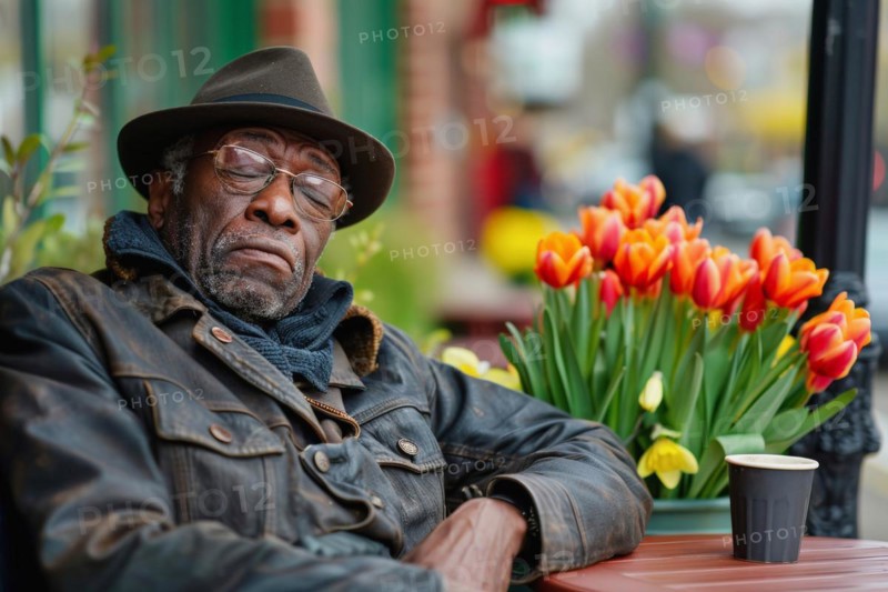 An elderly man sits asleep on a chair in a street café, symbolic image for spring fever, AI generated, AI generated, ai generated, AI generated