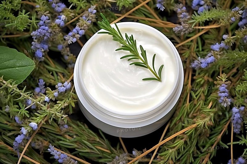 Facial cream surrounded my herbs and flowers. Natural cosmetics concept. KI generiert, generiert AI generated