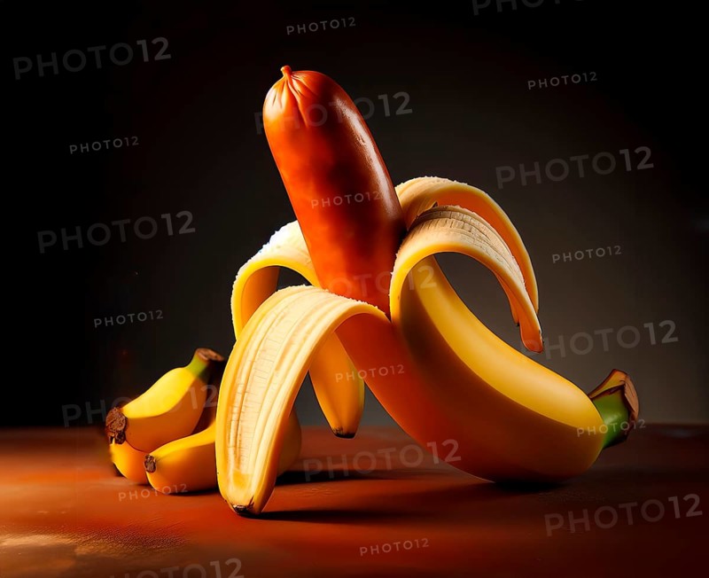 Symbolic image of genetic engineering, a sausage in the skin of a banana, AI generated, AI generated