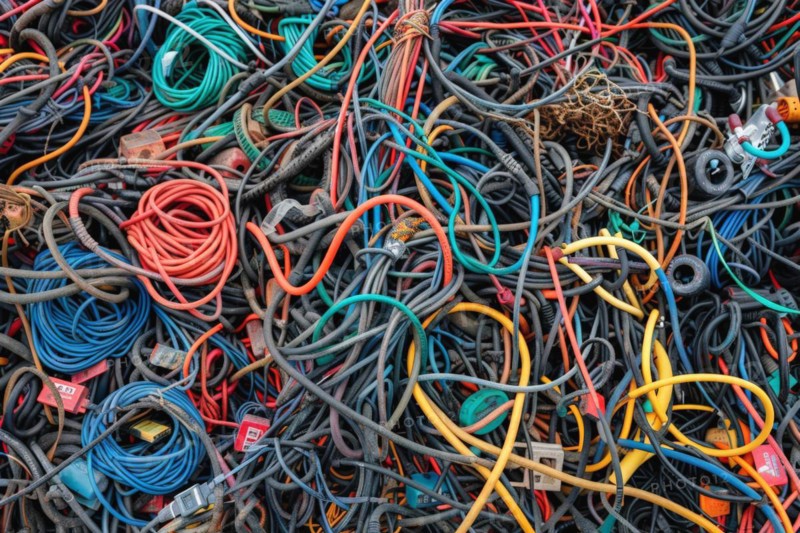 Electronic waste, cable, data cable, power cable, format-filling, symbolic image for cable recycling and material cycle, AI generated, AI generated, AI generated