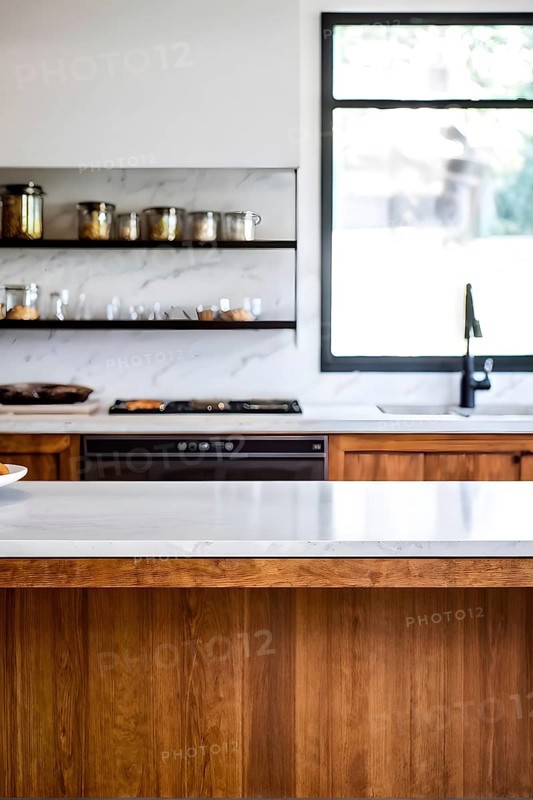 Wooden kitchen with top counter and other modern interior elements, AI generated