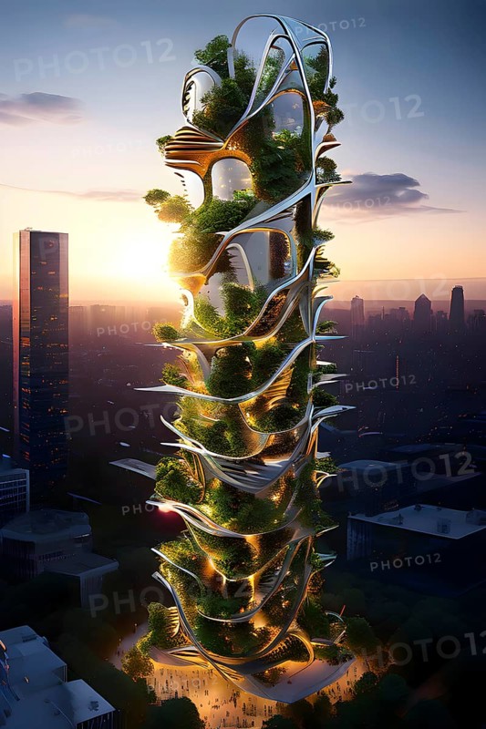 Futuristic skyscraper with termite mounds for natural ventilation and energy efficiency, AI generated