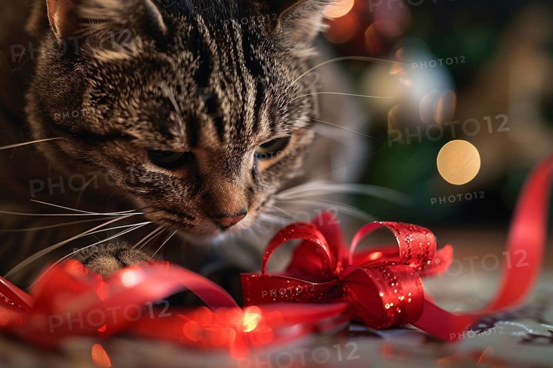 Cat playing with red Christmas gift wrapping ribbon. Generative Ai, AI generated