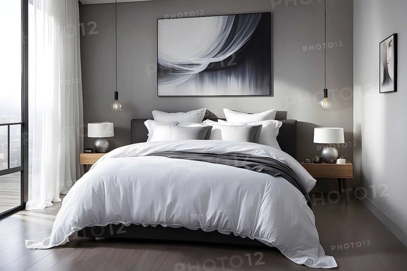 Empty modern bedroom with a large, plush bed covered in white linens, a single framed artwork on the wall, and natural light filtering through sheer curtains, AI generated