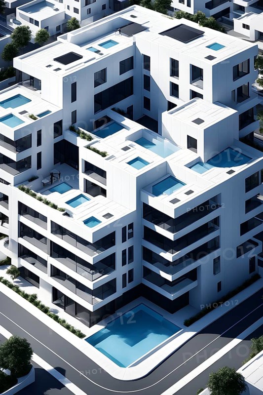 Rendering of a modern real estate apartment building in clean geometric forms in black and white, AI generated
