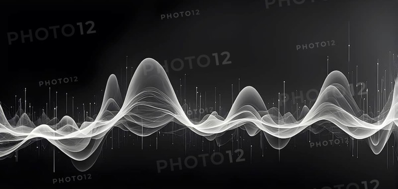 Abstract illustration of digital wave forms and circuits converging to form abstract symbols of various sports, then dispersing into flowing particles, AI generated