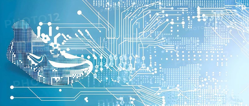 Sporting equipment, like a running shoe, breaking into pixels and data points, morphing into a network of neural nodes, AI generated