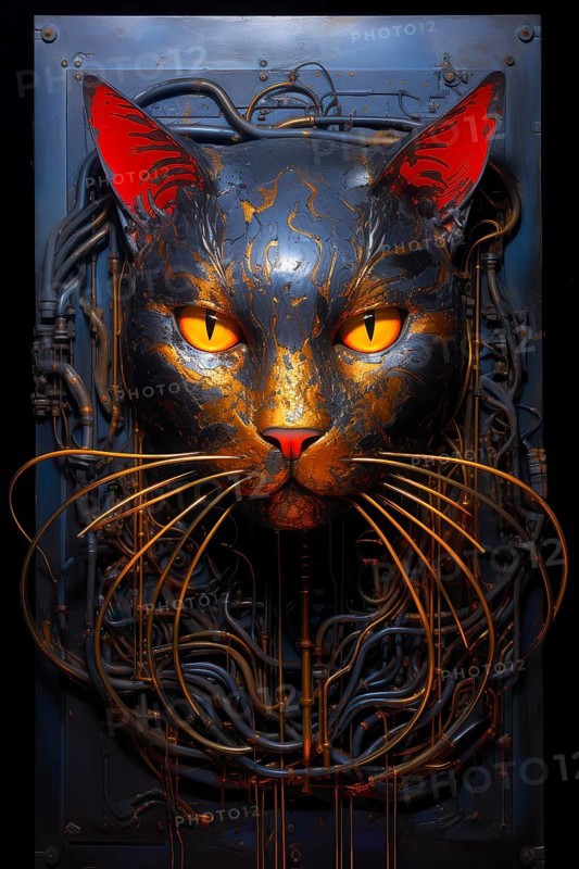 Metallic black cat head with yellow eyes and red ears encrusted in a metallic door, AI generated