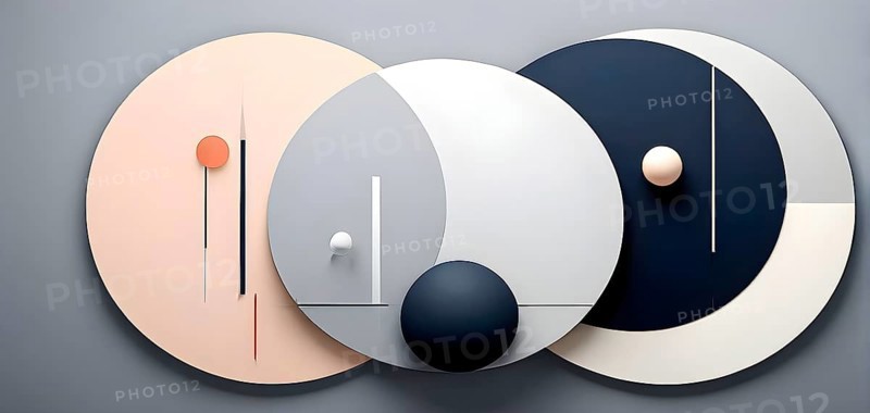 Minimalist composition of overlapping geometric shapes, such as circles, squares, and triangles, with clean lines and muted pastel colors, AI generated