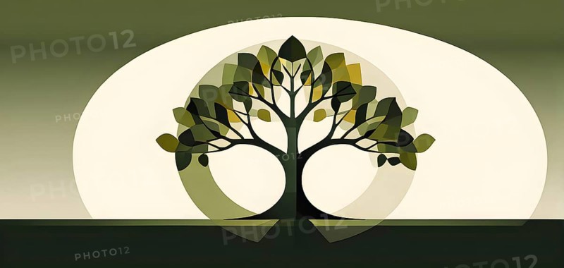 Abstract geometric tree with a circular canopy and a rectangular trunk, arranged in a clean, balanced design with a limited color palette of olive green, deep brown, and ivory, AI generated