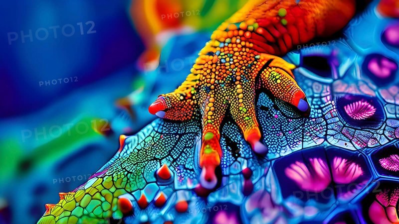 Nano material inspired by gecko feet with intricate patterns and vibrant colors representing adhesive properties, AI generated