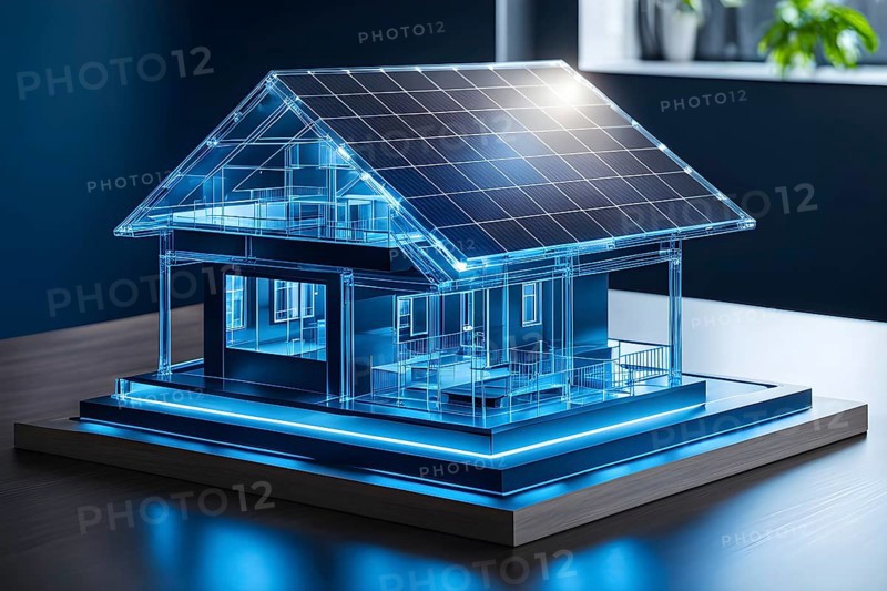Hologram blue eco house with solar on table, ai generated, AI generated