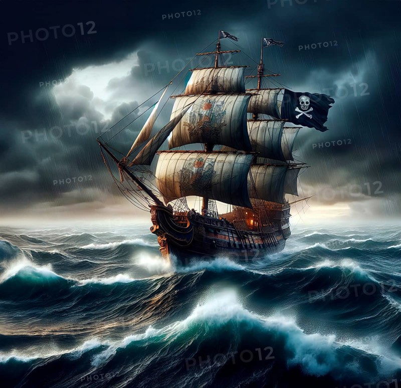 A privateer pirate ship with a pirate flag sails across the ocean in storms and high waves, AI generated, AI generated