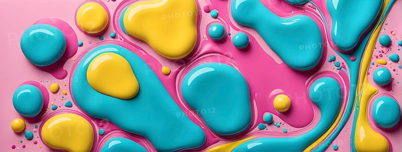 Abstract image with colorful yellow and turquoise blobs and liquid shapes on a pink background, AI generated
