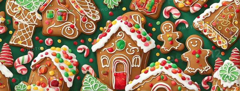 Abstract wallpaper illustration of of gingerbread house decoration, AI generated