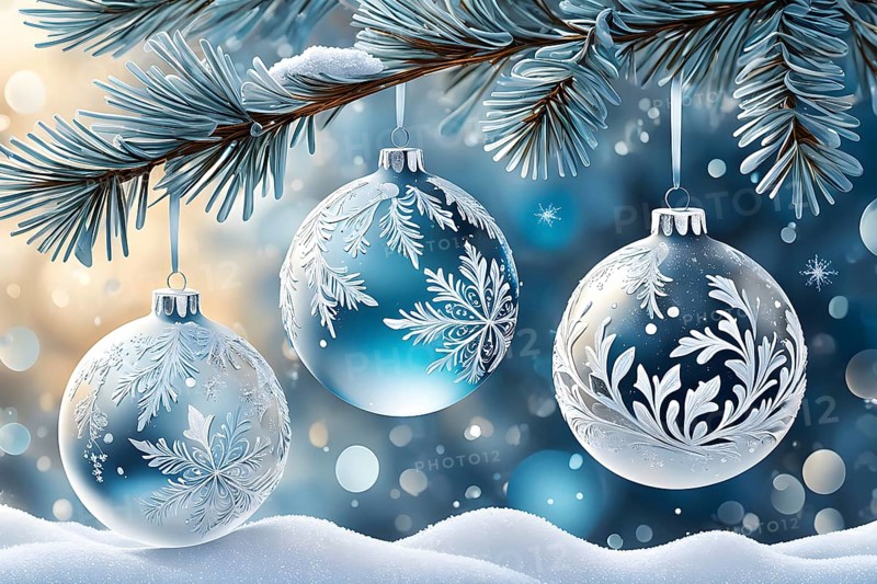 Abstract illustration of a set of ornate Christmas ornaments hanging on a snow-covered pine tree branch, AI generated