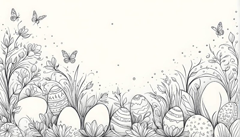 Abstract illustration of a Easter card with delicate hand-drawn illustrations, empty space for text, AI generated