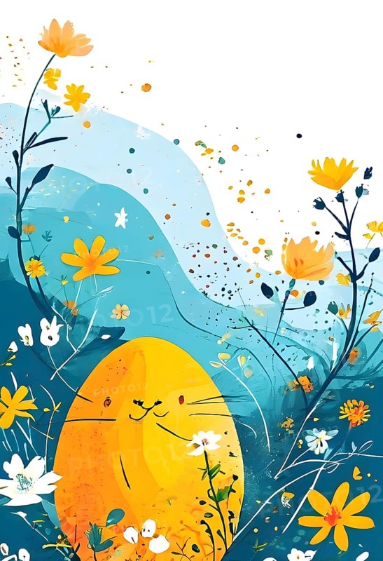 Abstract illustration of a Easter card with delicate colorful hand-drawn illustrations, empty space for text, AI generated