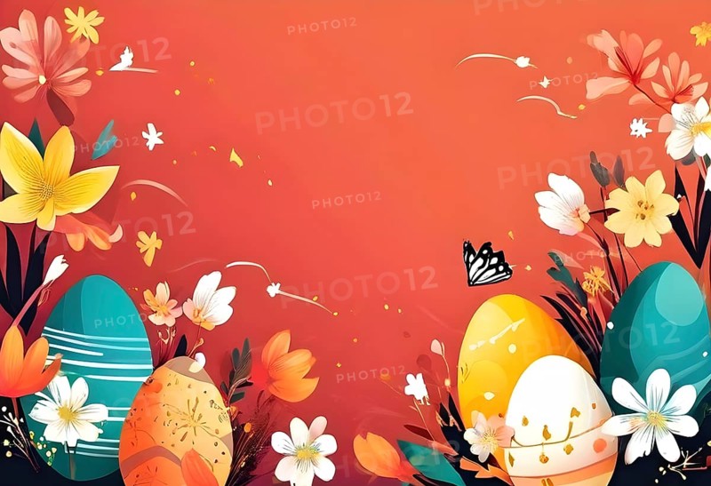 Abstract illustration of a Easter card with delicate colorful hand-drawn illustrations, empty space for text, AI generated