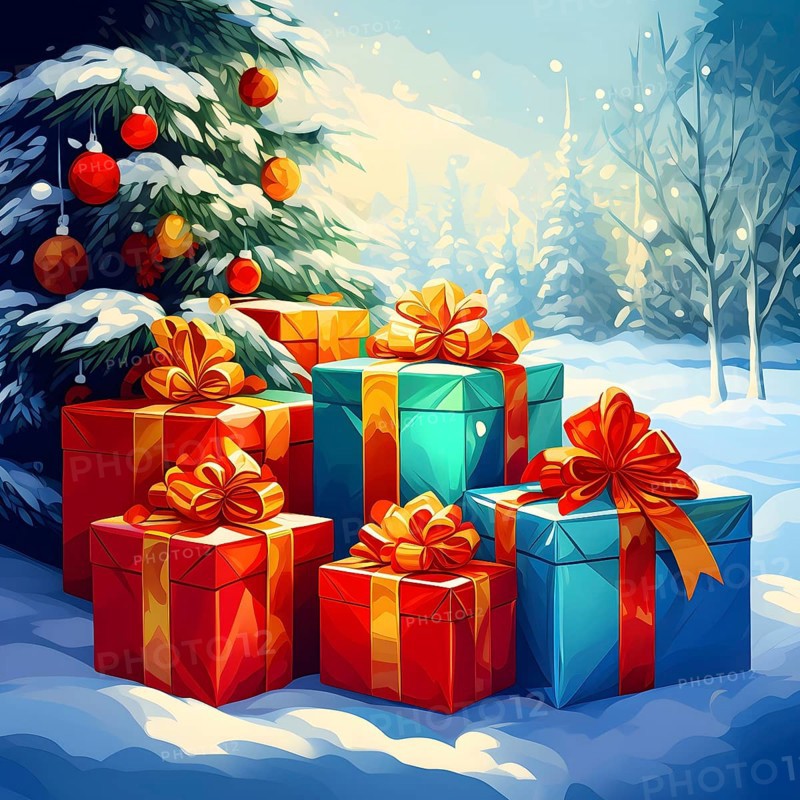 Abstract illustration of wrapped Christmas gifts, shiny ribbons and bows, stacked under a snow-dusted evergreen tree in a snowy outdoor setting, AI generated
