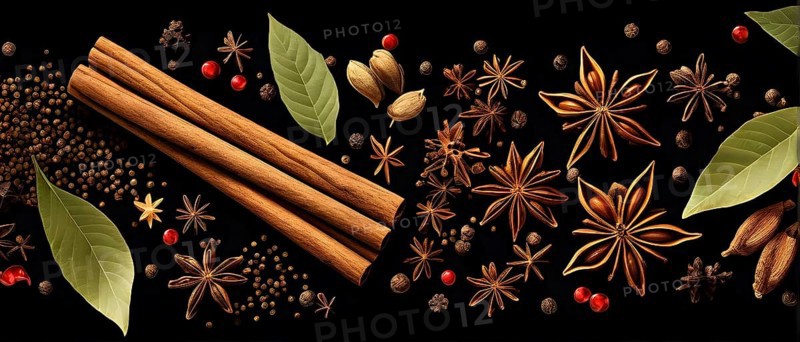 Abstract wallpaper illustration of Christmas spices like cinnamon sticks, star anise, and cloves, AI generated