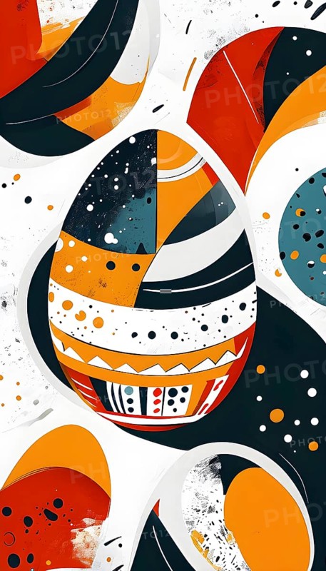 Illustration of an abstract Easter egg design with geometric patterns, bold colors, and a mix of textures, creating a modern and dynamic look, AI generated