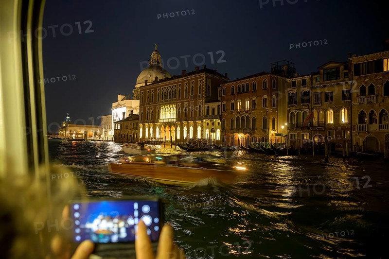 Night shot with smartphone from the vaporetto on the Grand Canal, Venice, metropolitan city of Venice, Italy, Europe