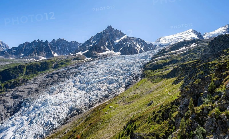 Mountain landscape with glacier Glacier des Bossons and summit of the Aiguille du Midi, Chamonix, Haute-Savoie, France, Europe