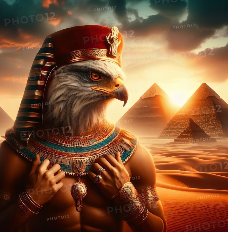Portrait of the Egyptian god Horus with a falcon head, son of Isis and Osiris, in front of the pyramids, symbolic image mythology in ancient Egypt, gods, pharaoh, falcon god, AI generated, AI generated