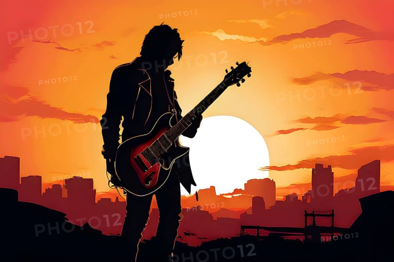 Illustration of a rock star silhouette clutching guitar against abstract urban skyline morphing into sunset, AI generated
