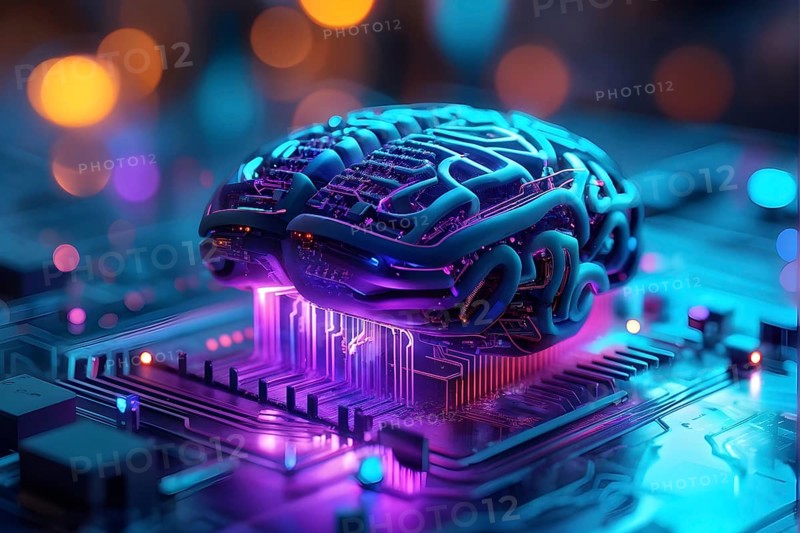 Human brain intricately interlinked with the circuits of a computer board symbolizing artificial intelligence, AI generated