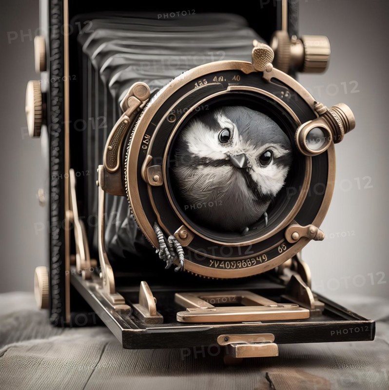 A bird looks out of the lens of a plate camera, symbol photo photography, snapshot, AI generated, AI generated