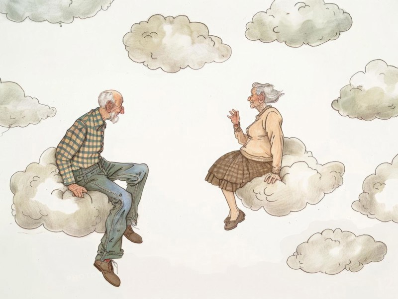 A caricature, illustration of an elderly couple sitting on clouds, cheerful idea of the afterlife, wishful thinking about what happens after death, AI generated, AI generated, AI generated