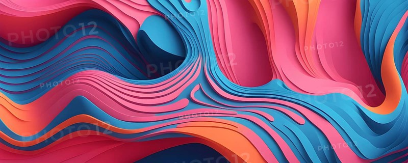 Seamless abstract pattern of vector fluid curved lines creating a dynamic ripple effect in vibrant colors of blue, pink and orange, AI generated