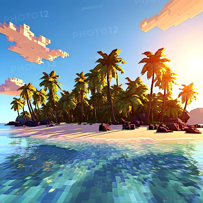 Pixel art illustration of a tropical island paradise with palm trees and sandy beach, AI generated