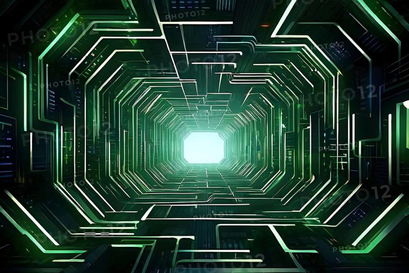 Abstract geometric pattern tunnel structure embodying data streams and communication in green hues, AI generated