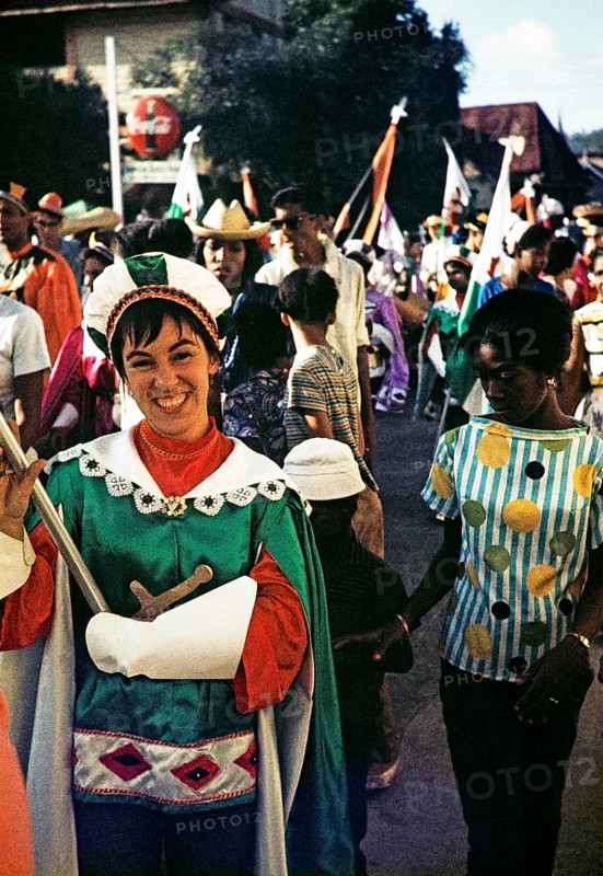 Carnival procession celebrations colourful costumes, Port of Spain, Trinidad, 1963 - captioned as Flag Wavers of Sienna