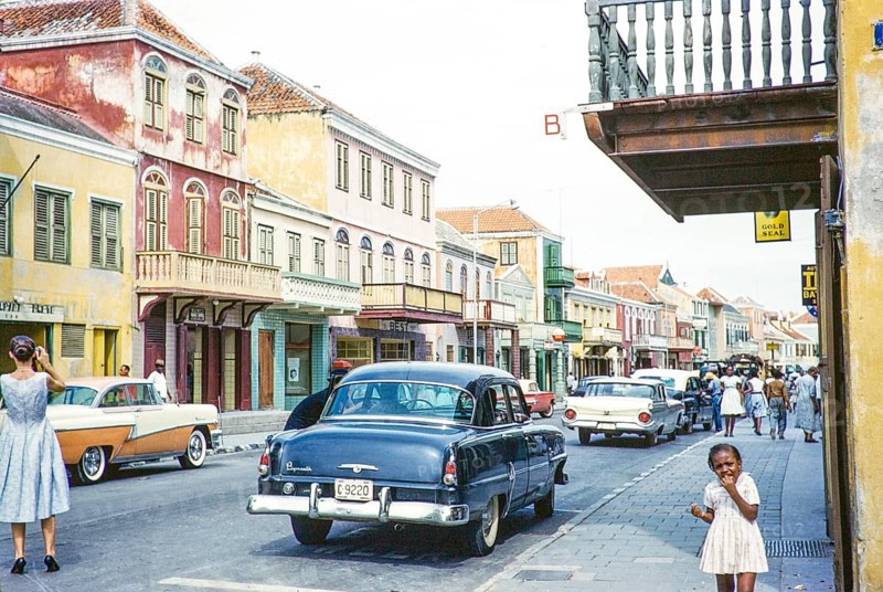 Historic buildings in a street in the historic centre of Willemstad, Curacao, Dutch Caribbean, early 1960s, South America
