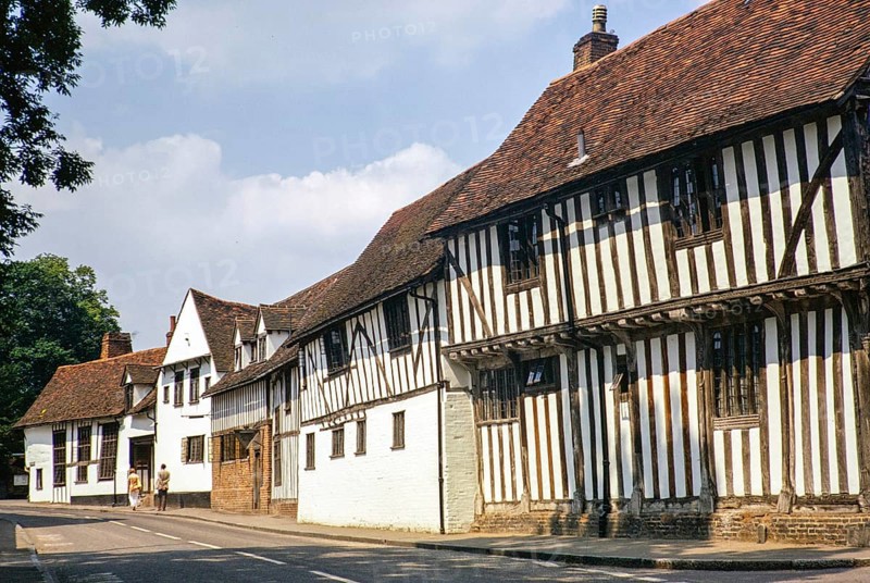 Historische mittelalterliche Gebäude, Water Street, Lavenham, Suffolk, England, UK, Juli 1972