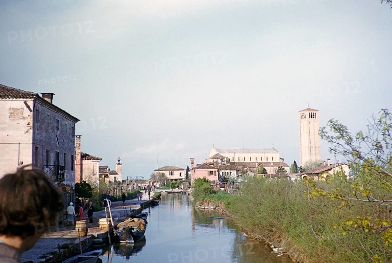 View through the canal to the church of St Fusca of Ravenna, Torcello island, Venice lagoon, Byzantine architecture, Venice, Italy 1957