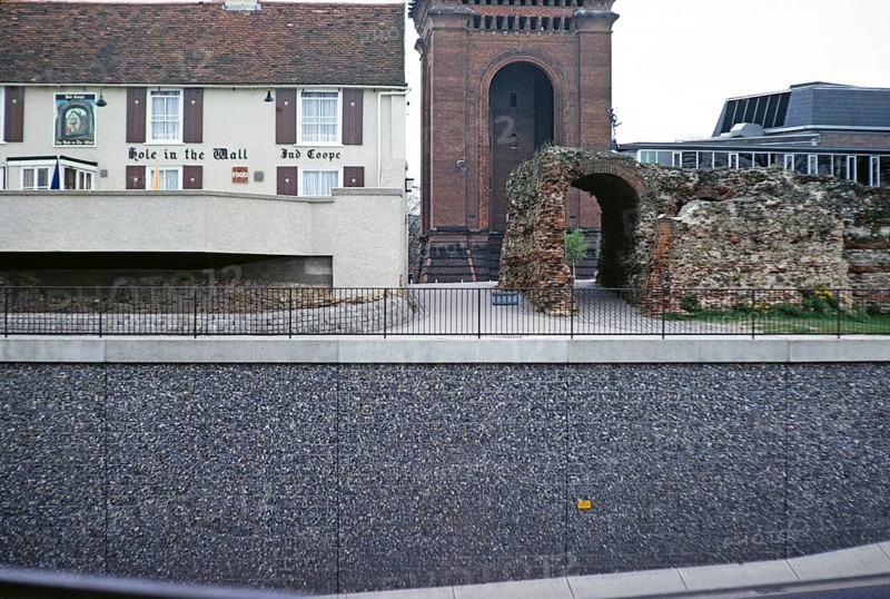 Modern road subway, Hole in the Wall pub, Roman wall, Jumbo water tower, Colchester, Essex, England, UK 1979