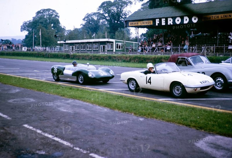 Bill de Selincourt, Lotus Climax car 36 Goodwood Whitsun Race 3 June 1963, car 14 is Mark Konig, Lotus Elan, England, UK