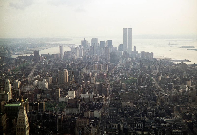City view of skyscrapers including the Twin Towers, Manhattan, New York, USA in 1976