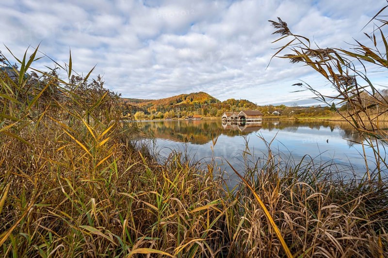 Autumn landscape on the shore of Lake Lake Kochel, boat huts in the lake, autumn mountain landscape with mountain peaks Herzogstand and Heimgarten, reflection in Lake Lake Kochel, Upper Bavaria, Bavaria, Germany, Europe