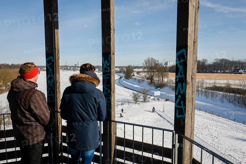 Recklinghausen, North Rhine-Westphalia, Germany - Sunny winter landscape in the Ruhr area, Emscher art in the snow with a view of the Emscher, Kawamata Tower on the Emscher, WALKWAY AND TOWER, 2010, by Tadashi Kawamata