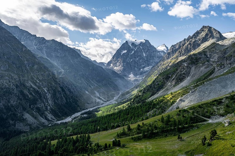 Mountain landscape near Arolla, behind mountain peak Mont Collon, Valais, Western Alps Switzerland