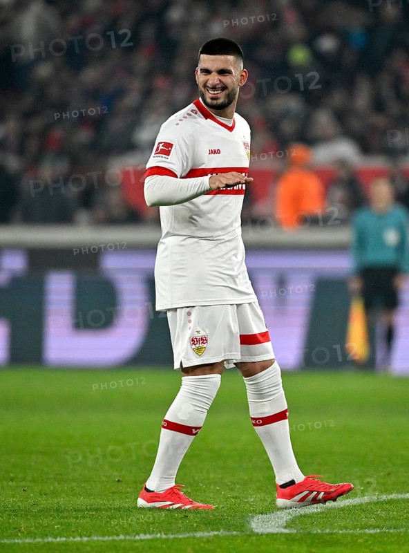 Deniz Undav VfB Stuttgart (26) laughs, good mood, MHPArena, MHP Arena Stuttgart, Baden-Württemberg, Germany, Europe