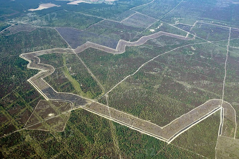 Aerial view, Wittstock-Ruppiner Heide, Bombodrom, Red Army, firing range, bombing range, GDR, tourist development, area, Bundeswehr, aerial view, aerial photograph, target cross, target point, from, above, top view, landscape, landscapes, terrain, training ground, shooting, shooting range, Easter march, Easter, march, demonstration, drop zone, historical, abandoned