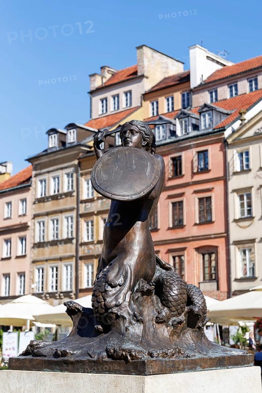 Market square with mermaid Syrenka and historic buildings in the old town centre of Warsaw, Poland, Europe